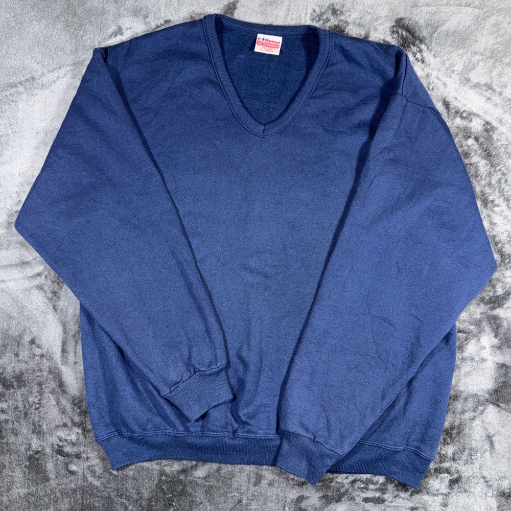 Vintage Hanes Activewear V-Neck Sweatshirt Mens XL Navy Blue Made in USA 90s